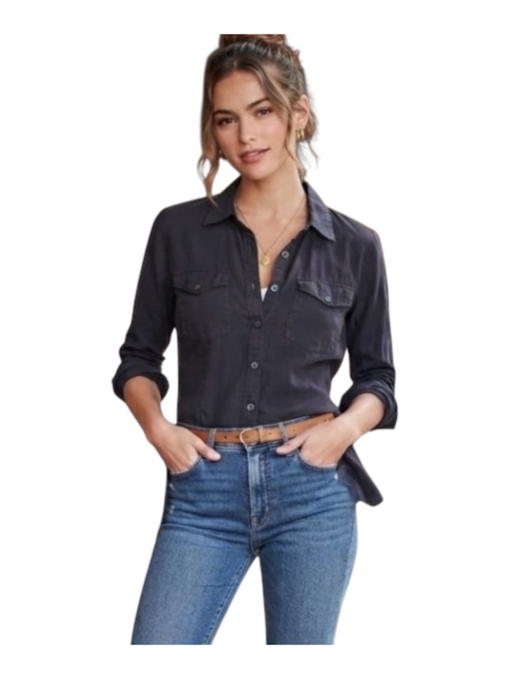 James Perse Slub Button-Down Shirt Sz M Navy Preppy Dark Academia Cowgirl